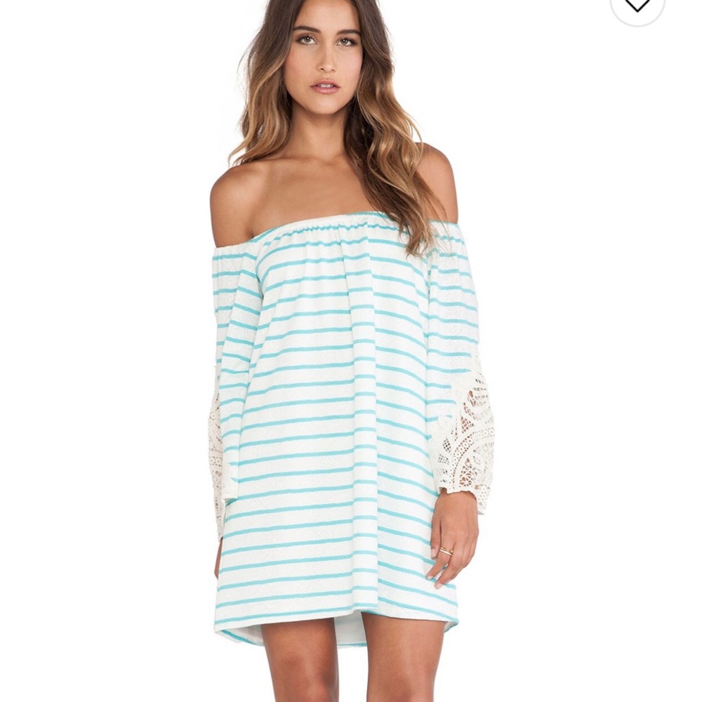 Vava by Joy Han Dress White and Blue Off-Shoulder Crochet Striped Size S